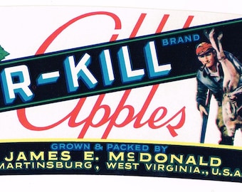 Étiquette originale de caisse de pommes vintage c1950 Martinsburg Virginie-Occidentale Hunger Kill marque Deer James McDonald