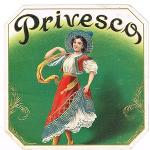 Original vintage cigar box label c1910 Chromolithograph Privesco Spanish Girl w Blue Hat Scarce