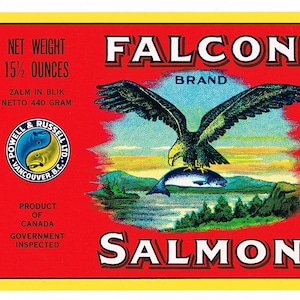 Original vintage Tin Can label 1950s Falcon Brand Salmon Vancouver Canada British Columbia