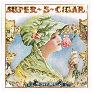 Original vintage cigar box label c1920 Chromolithograph Embossed Girl Floral Military Nautical Super 5