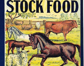 Original vintage Livestock Federal Feed Box Label c1920 Horse Pig Bull Sheep Pig Cow Farm Country Mifflinburg Pennsylvania General Store