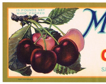 Etichetta originale in cassa di ciliegie vintage anni &#39;30 Marion Salem Oregon Mt Hood