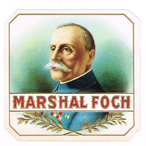 Original vintage cigar box label c1920s Outer Embossed Bronzed Marshal Foch WWI Military French General Commander
