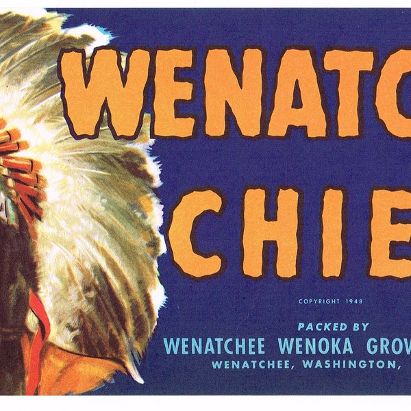 Original vintage apple crate label c1940s Native American Indian Wenatchee  Chief Washington State 1/2 Box Size