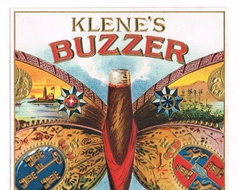 Original vintage cigar box label c1910 Chromolithograph Embossed Bronzed Klenes Buzzer Butterfly Art Nouveau