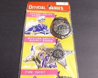 Original vintage toy badges NOS sealed in package Made In Japan c1950s Police Fire Chief Cowboy Western Deputy Sheriff Plastic
