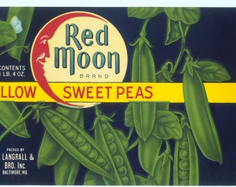 Red Moon Mellow Sweet Peas Original Vintage Can Label J Langrall Baltimore Md.