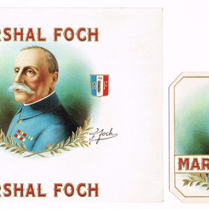 2 Original vintage cigar box label c1920s Out & In Embossed Bronzed Marshal Foch WWI Military French General Commander