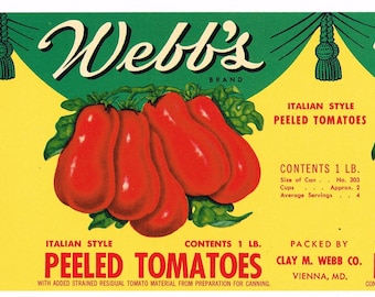 May include: A vintage label for Webb's Brand Italian Style Peeled Tomatoes. The label features a yellow background with green and white accents. The label includes the text "Webb's Brand", "Italian Style Peeled Tomatoes", "Contents 1 lb.", "Packed by Clay M. Webb Co., Vienna, MD.", and "Tipo Italiano Pomidori Pelati".