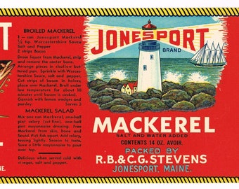 Original vintage Tin Can label 1930s Jonesport Maine Lighthouse Sailing Ship Mackerel Fish Advertising Nautical Ocean