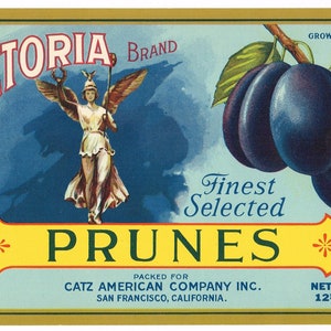 Original vintage Prune case crate label Stone Lithograph 1920s scarce Victoria Brand Winged Victory San Francisco Catz American
