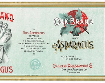 Original vintage Large Tin Can label C1910 Oak 4 Brand Asparagus San Francisco Schmidt Litho General Store