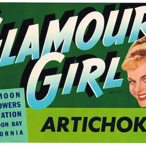 May include: A vintage green and blue label with the text "Glamour Girl Brand" and "Artichokes". The label also includes the text "Half Moon Bay Growers Association, Half Moon Bay, California". A woman with blonde hair is smiling at the viewer.