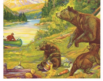Original vintage calendar print 1940s Fishing Fish Camp Bear Bears Cubs Tin Can &quot;Surprised&quot; 8x6&quot;