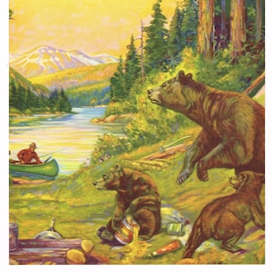 Original vintage calendar print 1940s Fishing Fish Camp Bear Bears Cubs Tin Can &quot;Surprised&quot; 8x6&quot;