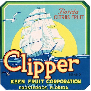 Original vintage Florida citrus crate label c1930 Clipper Ship Frostproof Keen Nautical