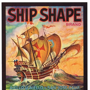 Etiqueta original de caja de verduras vintage 1940s Forma de barco San José California Galeón español náutico Muy escaso