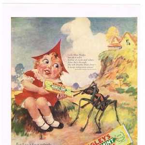 Original Vintage 1928 Magazine ad Wrigley&#39;s Gum Nursery Rhyme Mother Goose Little Miss Muffet Spider
