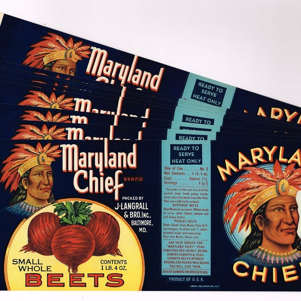 x10 Wholesale Original vintage Tin Can label c1920s Maryland Chief Native American Baltimore Whole Beets