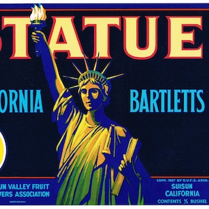 Original vintage pear crate label 1950s Suisun Patriotic Statue Of Liberty Emma Lazarus California