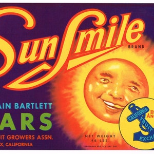 May include: A vintage label for Sun Smile brand Mountain Bartlett Pears, featuring a smiling sun with a human face and the text "California Blue Anchor Fruit Exchange".