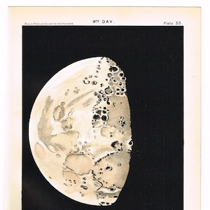 Antieke Astronomie 1910 originele print ster grafiek kaart van de maan hemelse mat zwarte 9e dag