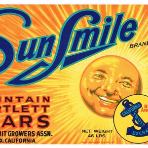 May include: A vintage label for Sun Smile brand Mountain Bartlett Pears, featuring a smiling sun face with a blue anchor logo and the text "California Fruit Exchange". The label is orange and yellow with blue text and a net weight of 46 lbs.