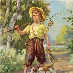 Original vintage calendar print 1950 Fishing boy & dog Illustration bucolic 7x9&quot;