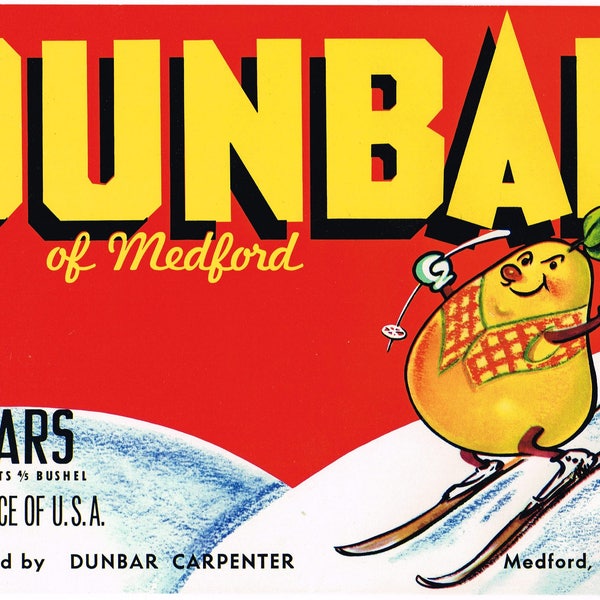 Original vintage pear crate label 1950s Dunbar Winter Sport Skiing Anthropomorphic Medford Oregon Red
