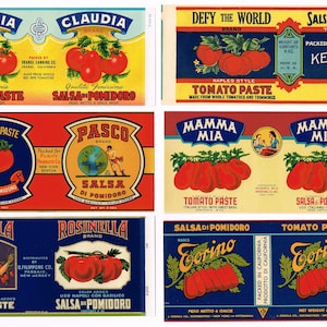 6 different original vintage tin can labels 1930s Tomato Paste Italian Culinary Kitchen Cooking New Jersey New York Boston Pittsburgh