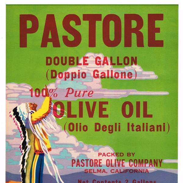 Original vintage Olive Oil Can Label 1940s Pastore Selma California Native American Indian