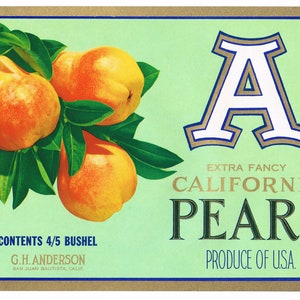 Original vintage pear crate label 1940s Monogram "A" Brand San Juan Bautista California