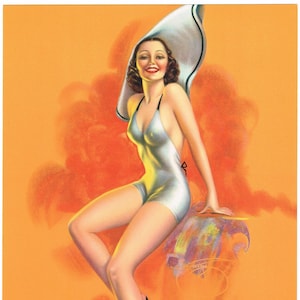 May include: Vintage illustration of a woman in a silver swimsuit and a large white hat with a black trim. The woman is smiling and posing against an orange background. The text "MISS AMERICA" is visible at the bottom.