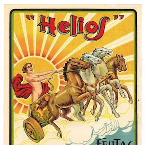 Original vintage Spanish citrus crate label 1930s Spain Helios Horses Chariot Valencia Scarce Sun Worship