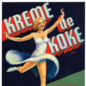 Original vintage vegetable crate label 1940s Kreme De Koke Pinup Figure Skating Ice Salinas 7x9&quot;