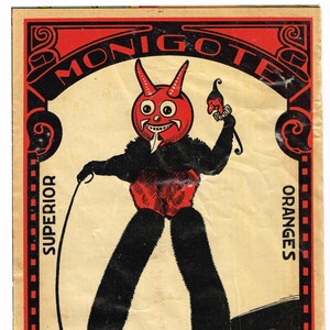 Original vintage Spanish citrus crate label 1930s Rare Rag Doll Bizarre Figure Monigote Alcira Spain