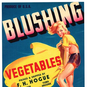 May include: A vintage produce label with a woman in a yellow dress and a beach scene. The label reads "Blushing Vegetables Packed & Shipped by F.H. Hogue Firebaugh California Yuma Arizona U.S.A."