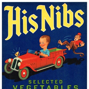 Originele vintage plantaardige krat label jaren 1950 zijn Nibs Salinas El Centro Californië 7 x 9&quot; pedaal auto Monkey brandweerwagen