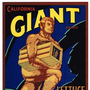Original vintage vegetable crate label 1930s Giant Big Foot Horror Salinas California Lettuce Sasquatch Hairy Scarce