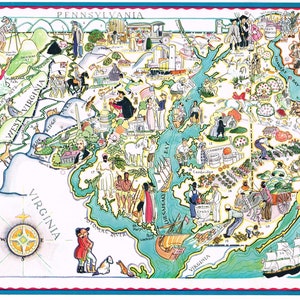 Originele schaarse vintage Berta & Elmer Hader kaart cartoon picturaal 1932 Delaware Maryland Washington D.C. Chesapeake Bay