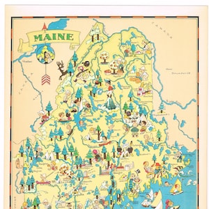 Original scarce vintage Ruth Taylor map cartoon pictorial 1935 Maine Bangor Portland