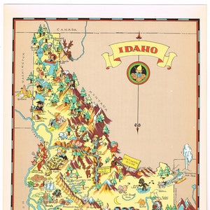 Original scarce vintage Ruth Taylor map cartoon pictorial 1935 Idaho Boise  Snake River Sawtooth Mountains Lewiston Moscow