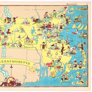 Seltene Vintage Ruth Taylor Landkarte Cartoon 1935 Massachusetts Boston Cape Cod Marthas Vineyard