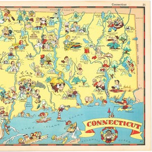 May include: A vintage illustrated map of Connecticut, featuring cartoon figures and landmarks. The map is in a colorful, whimsical style, with the state's name in a banner at the bottom. The map includes the Atlantic Ocean and Long Island.