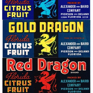 3 Original vintage Florida citrus crate label c1960s Green Red & Blue Dragon strip labels