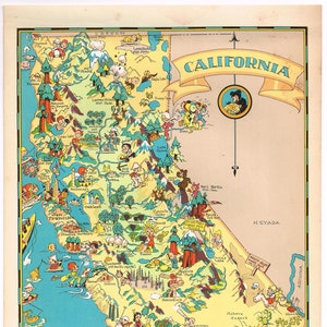 Rare vintage original Ruth Taylor map dessin animé illustré 1935 Californie Los Angeles San Francisco San Diego Palm Springs