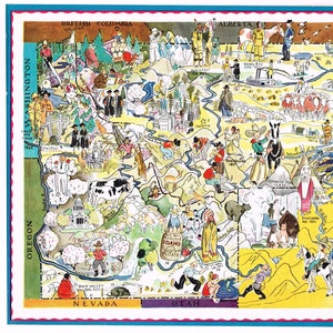 Seltene Vintage Berta & Elmer Harder Landkarte Cartoon 1932 Idaho Montana Helena Boise Yellowstone Wyoming