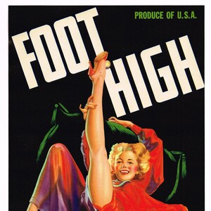 May include: Vintage produce label featuring a woman with a leg raised high, wearing a red and purple dress, against a black background. The text reads "Foot High Vegetables Packed and Shipped by F.H. Hogue Firebaugh, California - Yuma, Arizona, U.S.A."