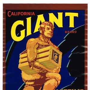 Original vintage vegetable crate label 1950s Giant Big Foot Horror Salinas California Lettuce