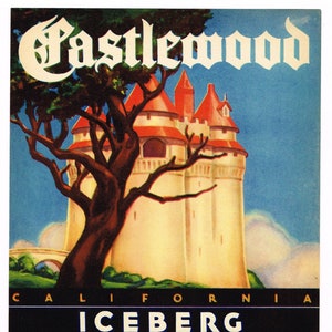 Original vintage vegetable crate label 1940s Lettuce Salinas Castlewood Williams Fantasy Castle Advertising 7x9&quot;
